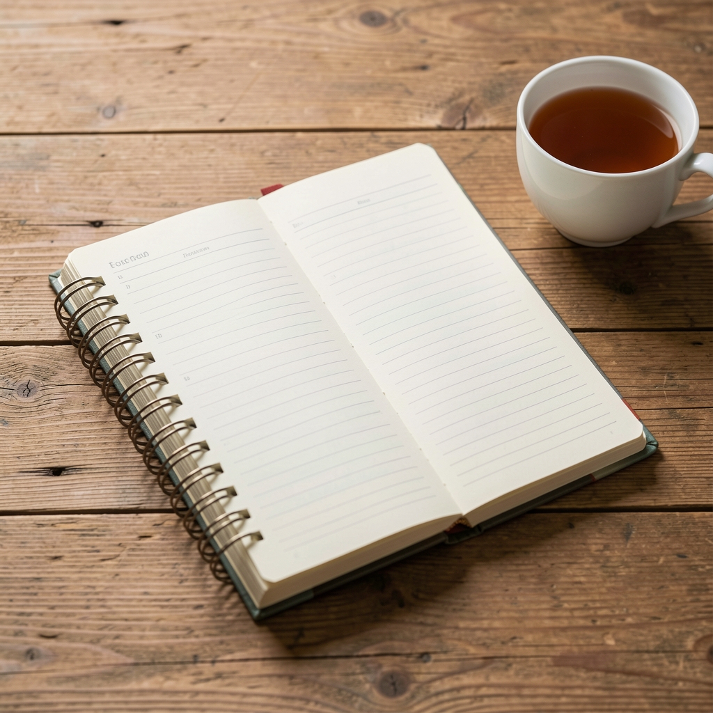 Open food journal notebook on a wooden table with a cup of tea beside it, daylight
