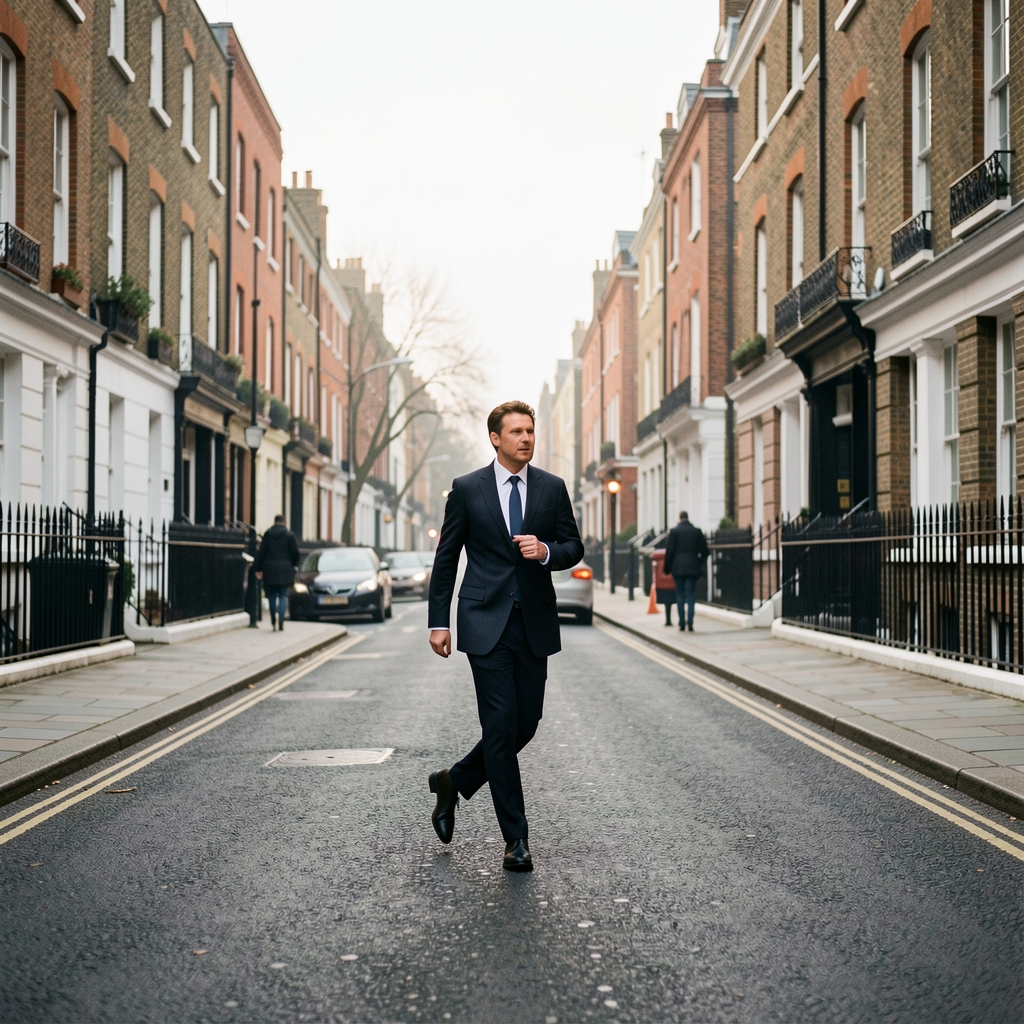 Person walking briskly along a quiet London street at early morning, motion blur, pale sky, editorial street photograph