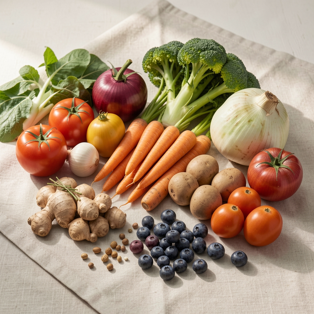 Seasonal vegetables and whole foods arranged on a pale linen surface, natural morning light, editorial composition